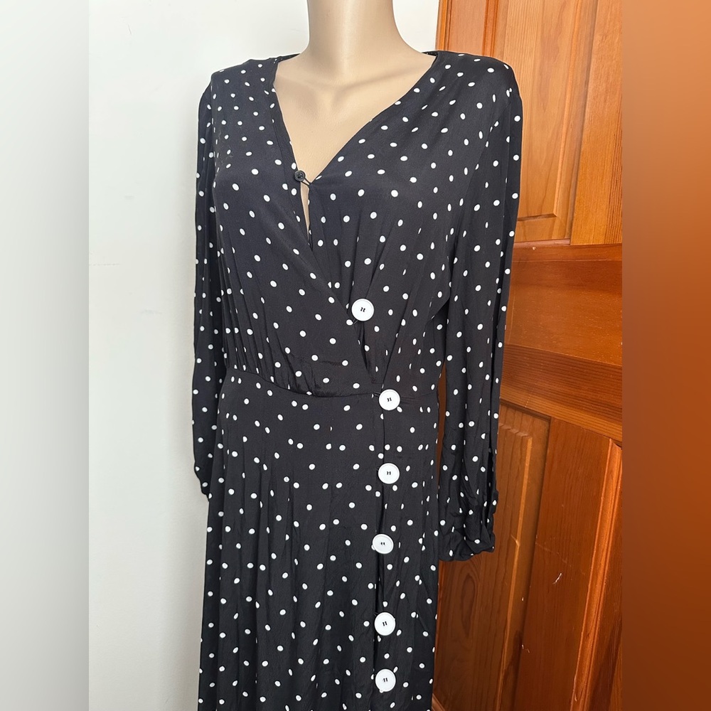 Mango MNG Polka Dot Buttoned Midi Flare Dress Black & White - Picture 12 of 13